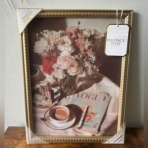 Framed Floral Art Decor with Vogue Magazine & Gold Studded Frame 18 x 14” NWT